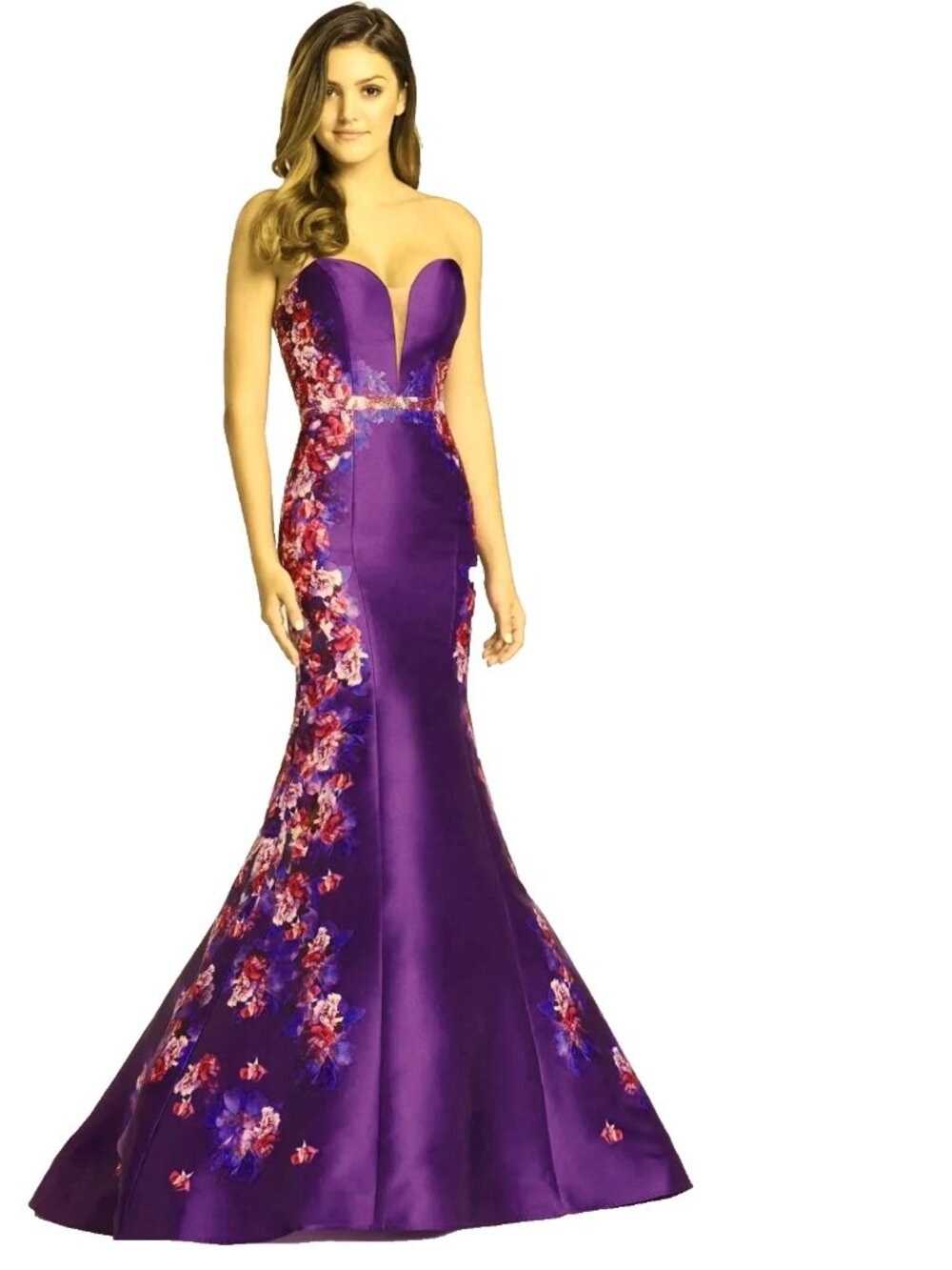 llie Wilde Mon Cheri Purple Floral Rhinestone Floral Mikado Gown